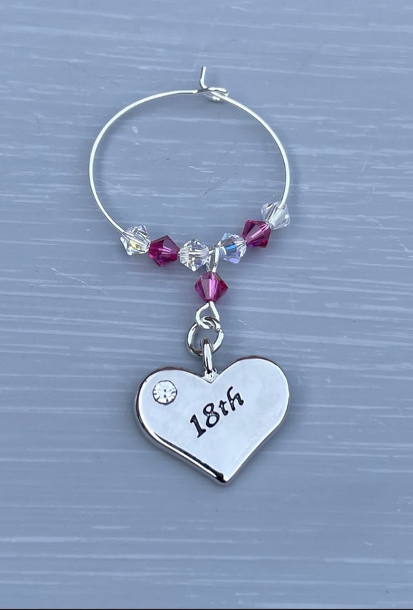 18th Wine Glass charm handmade with Swarovski Crystals and finished with a silver plated heart charm engraved with 18th - Ruby Birthstone - July Birthstone Colour - Gifts for Her