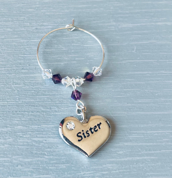 Handmade with Amethyst Swarovski Crystals and finished with a silver plated Heart charm engraved with Sister - Gifts for her - Amethyst is the birthstone colour for February