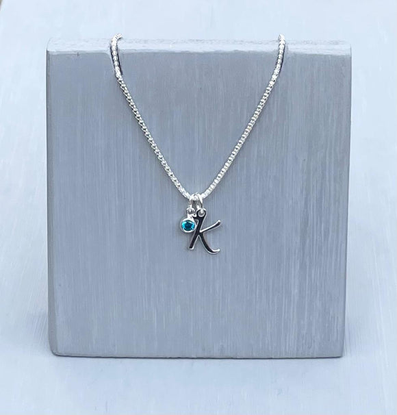 Initial and birthstone stirling silver necklace - Letter K with Blue Zircon - December birthstone - 18 inch chain - other letters and birthstone's available for this stunning birthstone Jewellery