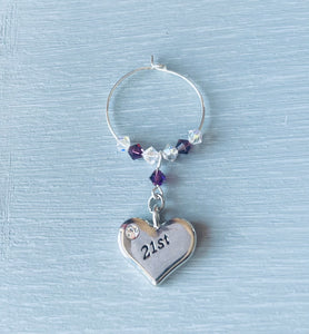 21st Wine Glass charm handmade with crystals and finished with a silver plated heart charm engraved with 21st - Amethyst Birthstone - February Birthstone Colour - Gifts for Her
