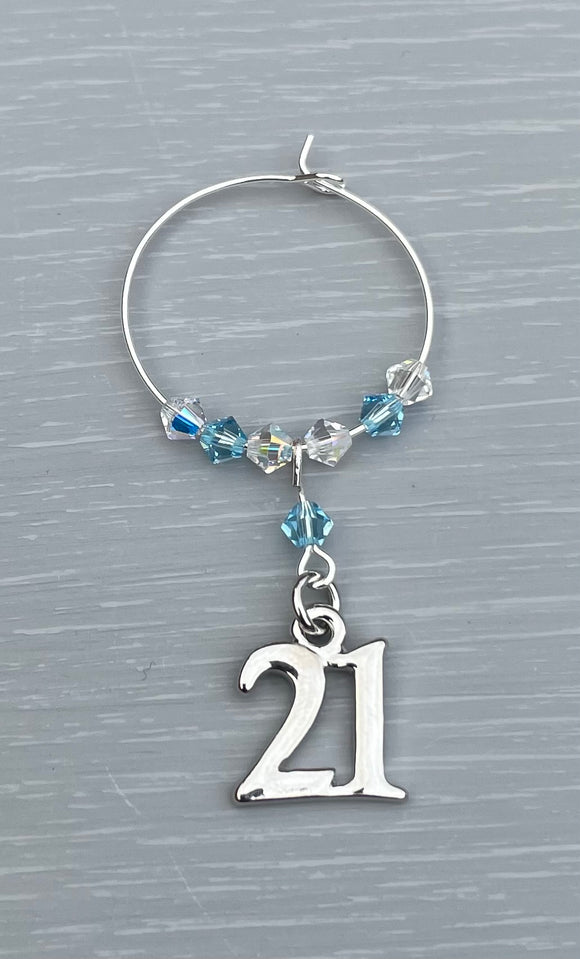 Handmade 21st Wine Glass Charm finished with silver plated 21st charm and Aquamarine and Clear AB Swarovski Crystals Lovely gift for her for her special birthday - Aquamarine is March Birthstone