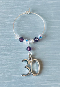 Wine Glass charm Handmade with Amethyst  Swarovski Crystals and finished with a silver plated 30th Charm - Amethyst is the birthstone colour for February - Gifts for Her - 30th Birthday Gifts