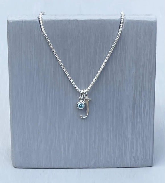 Initial and birthstone stirling silver necklace - Letter A with Aquamarine - March birthstone - 18 inch chain - other letters and birthstone's available for this stunning birthstone Jewellery