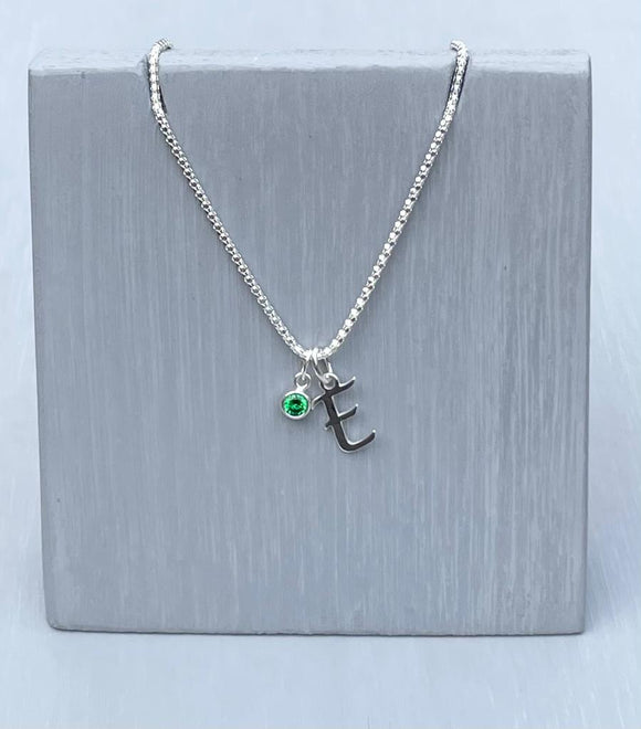 Initial and birthstone stirling silver necklace - Letter E with Emerald - May  birthstone - 18 inch chain - other letters and birthstone's available for this stunning birthstone Jewellery