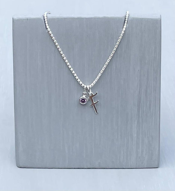 Initial and birthstone stirling silver necklace - Letter F with Amethyst - February birthstone - 18 inch chain - other letters and birthstone's available for this stunning birthstone Jewellery