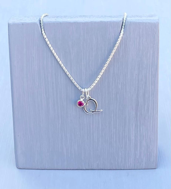 Initial and birthstone stirling silver necklace - Letter Q with Tourmaline - October  birthstone - 18 inch chain - other letters and birthstone's available for this stunning birthstone Jewellery