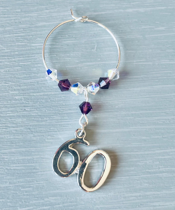 Handmade with Amethyst Swarovski Crystals and finished with a silver plated 60 charm finishes this 60th Wine Glass Charm - Amethyst is the birthstone colour for February - Gifts for Her