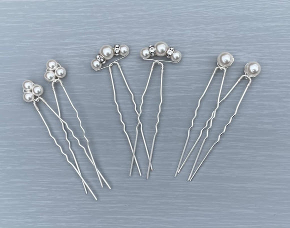 Ivory Crystal Pearl Hair Pins, Handmade with silver pins