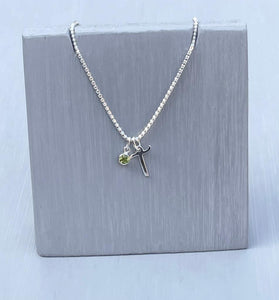 Initial and birthstone stirling silver necklace - Letter T with Peridot - August birthstone - 18 inch chain - other letters and birthstone's available for this stunning birthstone Jewellery