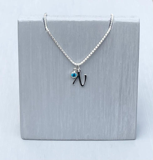 Initial and birthstone stirling silver necklace - Letter N with Blue Zircon - December  birthstone - 18 inch chain - other letters and birthstone's available for this stunning birthstone Jewellery
