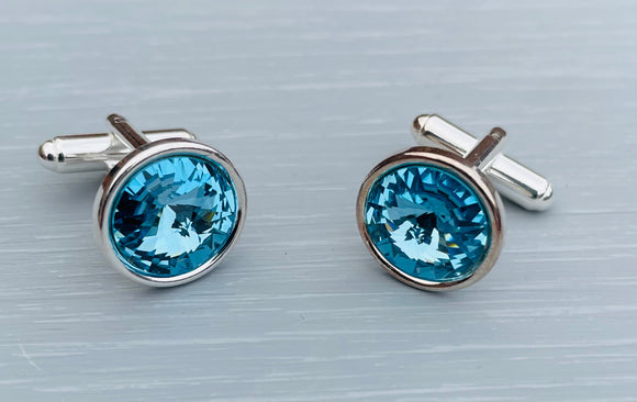 Handmade Sterling Silver Cufflinks handmade with Aquamarine Swarovski Crystals - Perfect Gift for Him, great for Father's Day, Wedding Accessories, Valentine's and Birthday gifts  - Aquamarine is the birthstone Colour for March - Crystals are the gift for 15th Wedding Anniversary