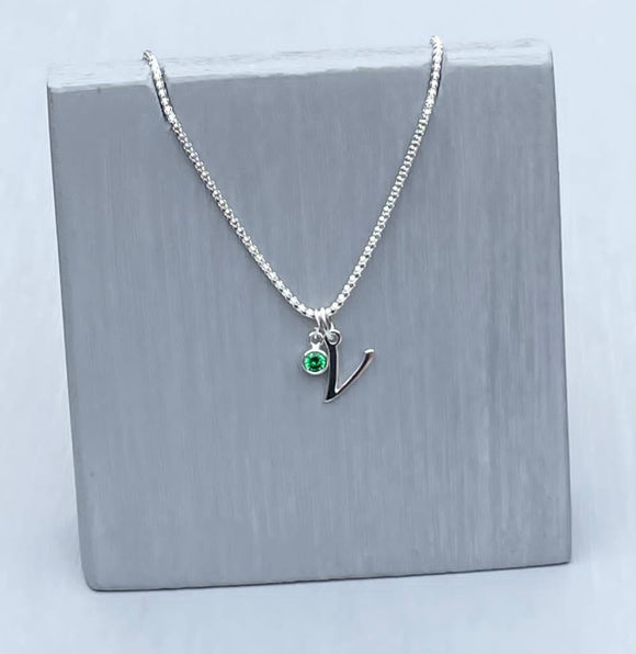 Initial and birthstone stirling silver necklace - Letter V with Emerald - May birthstone - 18 inch chain - other letters and birthstone's available for this stunning birthstone Jewellery