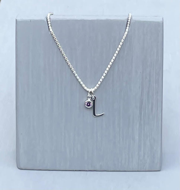 Initial and birthstone stirling silver necklace - Letter L with Amethyst - February birthstone - 18 inch chain - other letters and birthstone's available for this stunning birthstone Jewellery