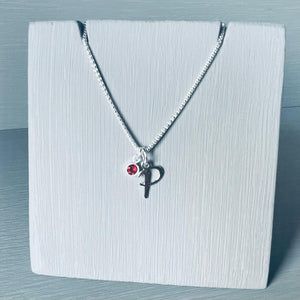 Initial and birthstone stirling silver necklace - Letter P with Garnet - January  birthstone - 18 inch chain - other letters and birthstone's available for this stunning birthstone Jewellery