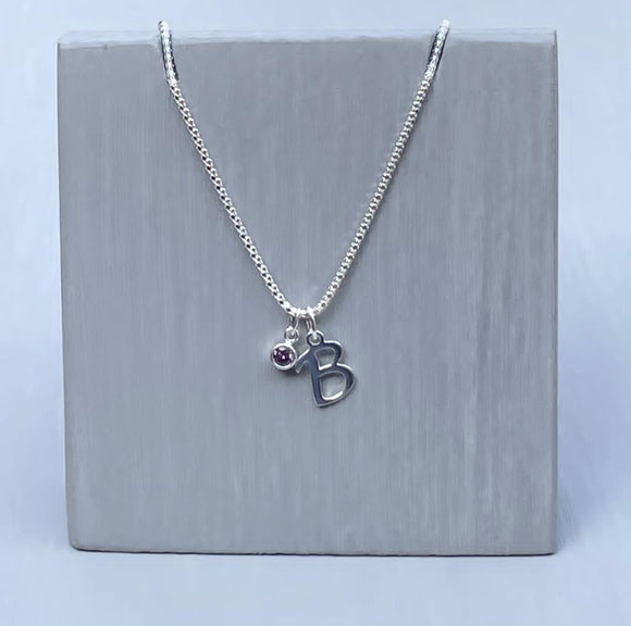 Initial and birthstone stirling silver necklace - Letter B with Amethyst birthstone - 18 inch chain - other letters and birthstone's available for this stunning birthstone Jewellery