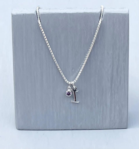 Initial and birthstone stirling silver necklace - Letter A with Amethyst - February birthstone - 18 inch chain - other letters and birthstone's available for this stunning birthstone Jewellery
