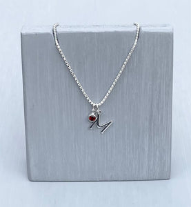 Initial and birthstone stirling silver necklace - Letter M with Ruby birthstone - 18 inch chain - other letters and birthstone's available for this stunning birthstone Jewellery