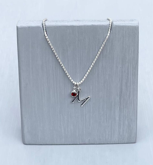 Initial and birthstone stirling silver necklace - Letter M with Ruby birthstone - 18 inch chain - other letters and birthstone's available for this stunning birthstone Jewellery