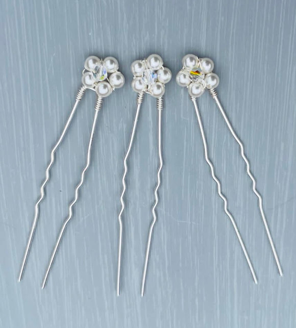 Pearl and Crystal Flower Hair Pins
