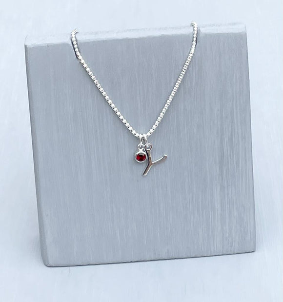 Initial and birthstone stirling silver necklace - Letter Y with Ruby - July birthstone - 18 inch chain - other letters and birthstone's available for this stunning birthstone Jewellery
