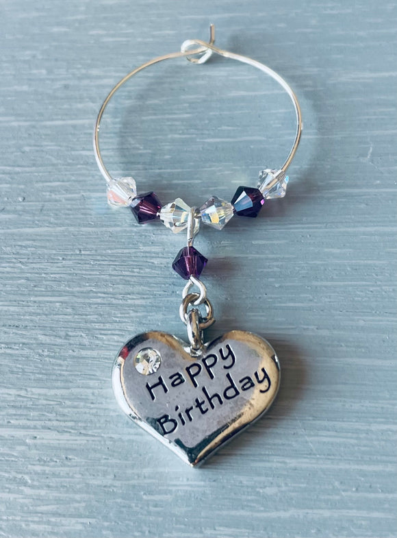 Handmade wine glass charm with Amethyst Swarovski Crystals and finished with a silver plated heart charm engraved with Happy Birthday - Amethyst is the birthstone colour for February - Gift for her 