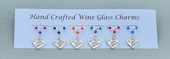 Handmade Hen Party Wine Glass Charms - Finished with silver plated heart charms engraved with Hen Party and Swarovski Crystals - perfect additional accessory for your Wedding Celebrations  - Free Bride To Be Wine Glass Charm with every order