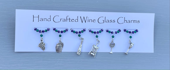 Wine Themed Wine Glass Charms - Set with Crystals and Wine themed Tibetan charms - New Home Gift - Birthday Gifts for Her - Mother's Day 